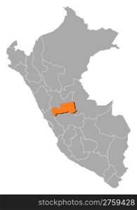 Map of Peru, Pasco highlighted. Political map of Peru with the several regions where Pasco is highlighted.