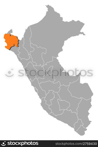 Map of Peru, Piura highlighted. Political map of Peru with the several regions where Piura is highlighted.