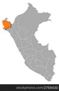 Map of Peru, Piura highlighted. Political map of Peru with the several regions where Piura is highlighted.