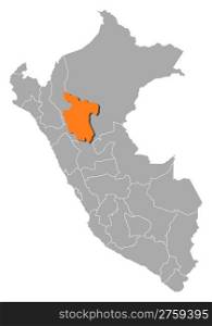 Map of Peru, San Martin highlighted. Political map of Peru with the several regions where San Martin is highlighted.