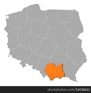 Map of Poland, Lesser Poland highlighted. Political map of Poland with the several provinces (voivodships) where Lesser Poland is highlighted.