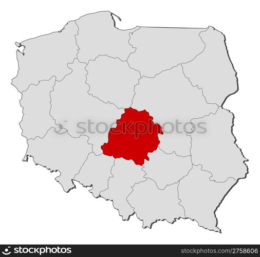 Map of Poland, Lodz highlighted. Political map of Poland with the several provinces (voivodships) where Lodz is highlighted.