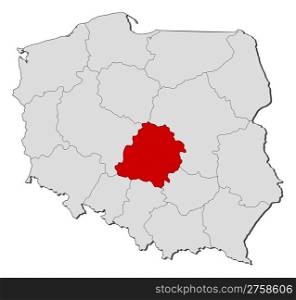 Map of Poland, Lodz highlighted. Political map of Poland with the several provinces (voivodships) where Lodz is highlighted.