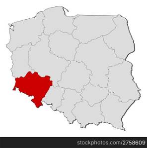 Map of Poland, Lower Silesian highlighted. Political map of Poland with the several provinces (voivodships) where Lower Silesian is highlighted.
