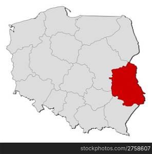 Map of Poland, Lublin highlighted. Political map of Poland with the several provinces (voivodships) where Lublin is highlighted.