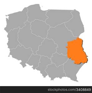 Map of Poland, Lublin highlighted. Political map of Poland with the several provinces (voivodships) where Lublin is highlighted.