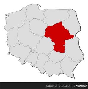 Map of Poland, Masovian highlighted. Political map of Poland with the several provinces (voivodships) where Masovian is highlighted.