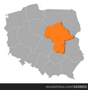 Map of Poland, Masovian highlighted. Political map of Poland with the several provinces (voivodships) where Masovian is highlighted.