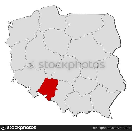 Map of Poland, Opolskie highlighted. Political map of Poland with the several provinces (voivodships) where Opolskie is highlighted.