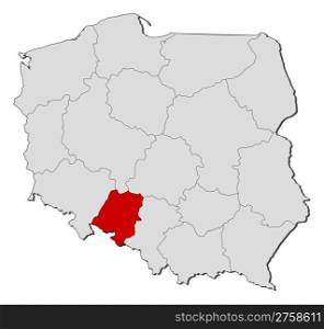 Map of Poland, Opolskie highlighted. Political map of Poland with the several provinces (voivodships) where Opolskie is highlighted.