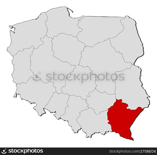 Map of Poland, Podkarpackie highlighted. Political map of Poland with the several provinces (voivodships) where Podkarpackie is highlighted.