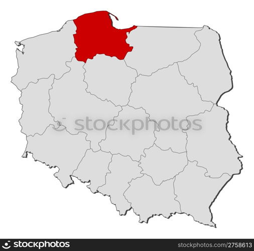 Map of Poland, Pomeranian highlighted. Political map of Poland with the several provinces (voivodships) where Pomeranian is highlighted.
