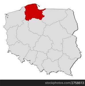 Map of Poland, Pomeranian highlighted. Political map of Poland with the several provinces (voivodships) where Pomeranian is highlighted.