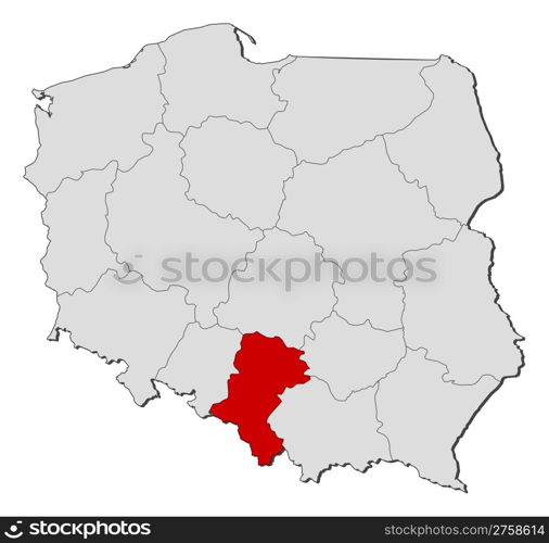 Map of Poland, Silesian highlighted. Political map of Poland with the several provinces (voivodships) where Silesian is highlighted.