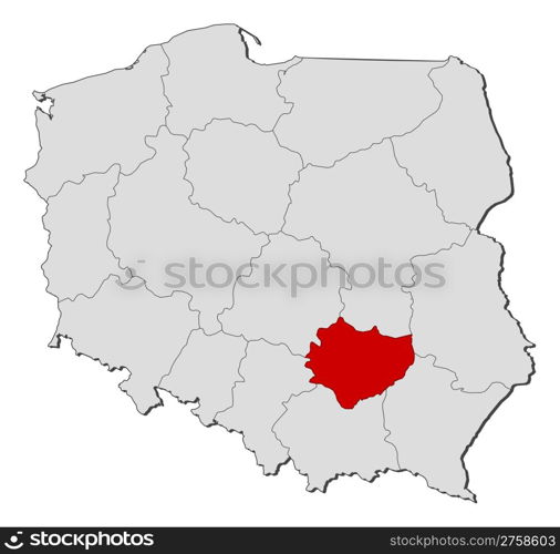 Map of Poland, Swietokrzyskie highlighted. Political map of Poland with the several provinces (voivodships) where Swietokrzyskie is highlighted.