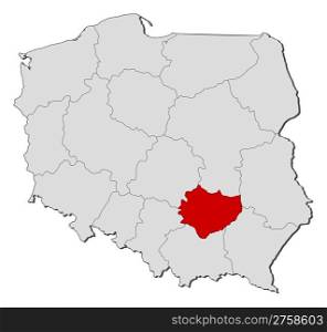 Map of Poland, Swietokrzyskie highlighted. Political map of Poland with the several provinces (voivodships) where Swietokrzyskie is highlighted.