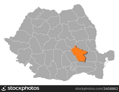 Map of Romania, Buzau highlighted. Political map of Romania with the several counties where Buzau is highlighted.