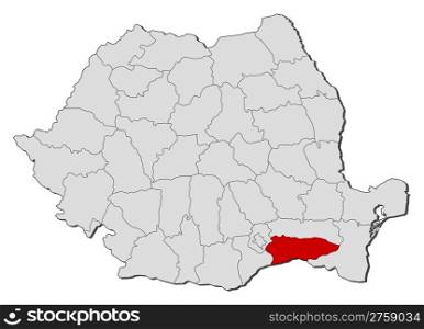 Map of Romania, Calarasi highlighted. Political map of Romania with the several counties where Calarasi is highlighted.