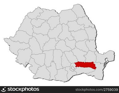 Map of Romania, Ialomita highlighted. Political map of Romania with the several counties where Ialomita is highlighted.