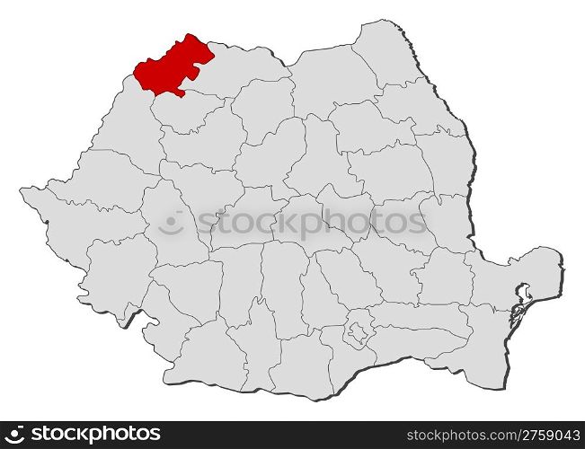 Map of Romania, Satu Mare highlighted. Political map of Romania with the several counties where Satu Mare is highlighted.