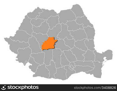 Map of Romania, Sibiu highlighted. Political map of Romania with the several counties where Sibiu is highlighted.