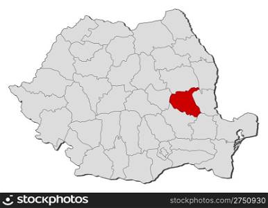 Map of Romania, Vrancea highlighted. Political map of Romania with the several counties where Vrancea is highlighted.