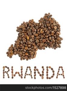 Map of Rwanda made of roasted coffee beans isolated on white background. World of coffee conceptual image.. Map of Rwanda made of roasted coffee beans isolated on white background.