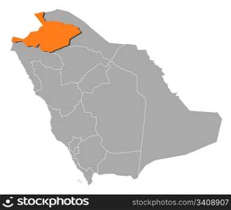 Map of Saudi Arabia, Al Jawf highlighted. Political map of Saudi Arabia with the several provinces where Al Jawf is highlighted.