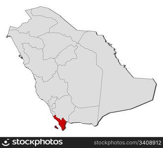 Map of Saudi Arabia, Jizan highlighted. Political map of Saudi Arabia with the several provinces where Jizan is highlighted.