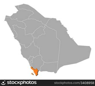 Map of Saudi Arabia, Jizan highlighted. Political map of Saudi Arabia with the several provinces where Jizan is highlighted.