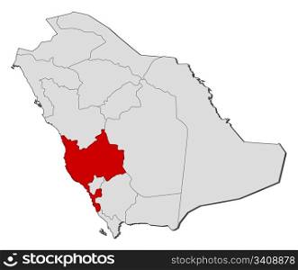 Map of Saudi Arabia, Makkah highlighted. Political map of Saudi Arabia with the several provinces where Makkah is highlighted.
