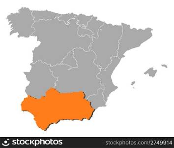 Map of Spain, Andalusia highlighted. Political map of Spain with the several regions where Andalusia is highlighted.