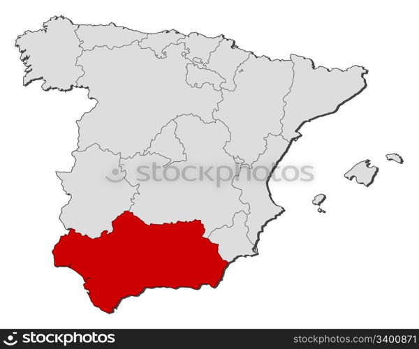 Map of Spain, Andalusia highlighted. Political map of Spain with the several regions where Andalusia is highlighted.