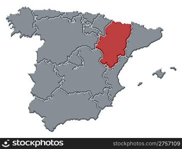 Map of Spain, Aragon highlighted. Political map of Spain with the several regions where Aragon is highlighted.