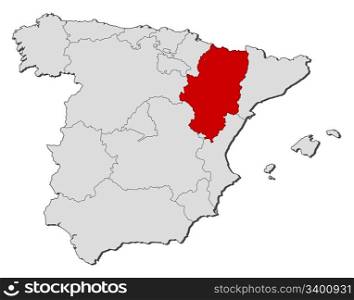 Map of Spain, Aragon highlighted. Political map of Spain with the several regions where Aragon is highlighted.
