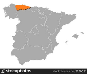 Map of Spain, Asturias highlighted. Political map of Spain with the several regions where Asturias is highlighted.