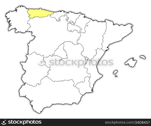 Map of Spain, Asturias highlighted. Political map of Spain with the several regions where Asturias is highlighted.