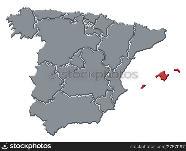 Map of Spain, Balearic Islands highlighted. Political map of Spain with the several regions where the Balearic Islands are highlighted.