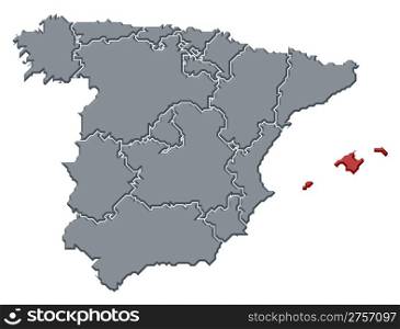 Map of Spain, Balearic Islands highlighted. Political map of Spain with the several regions where the Balearic Islands are highlighted.