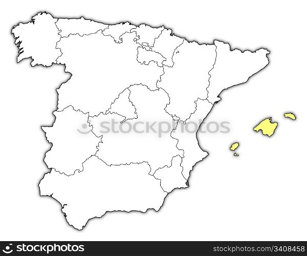Map of Spain, Balearic Islands highlighted. Political map of Spain with the several regions where the Balearic Islands are highlighted.