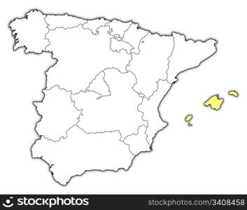 Map of Spain, Balearic Islands highlighted. Political map of Spain with the several regions where the Balearic Islands are highlighted.