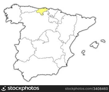 Map of Spain, Cantabria highlighted. Political map of Spain with the several regions where Cantabria is highlighted.