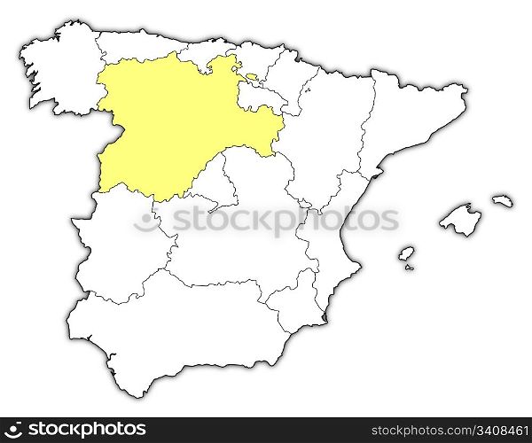 Map of Spain, Castile and Leon highlighted. Political map of Spain with the several regions where Castile and Leon is highlighted.