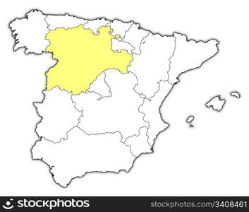 Map of Spain, Castile and Leon highlighted. Political map of Spain with the several regions where Castile and Leon is highlighted.