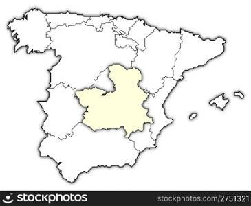 Map of Spain, Castile-La Mancha highlighted. Political map of Spain with the several regions where Castile-La Mancha is highlighted.