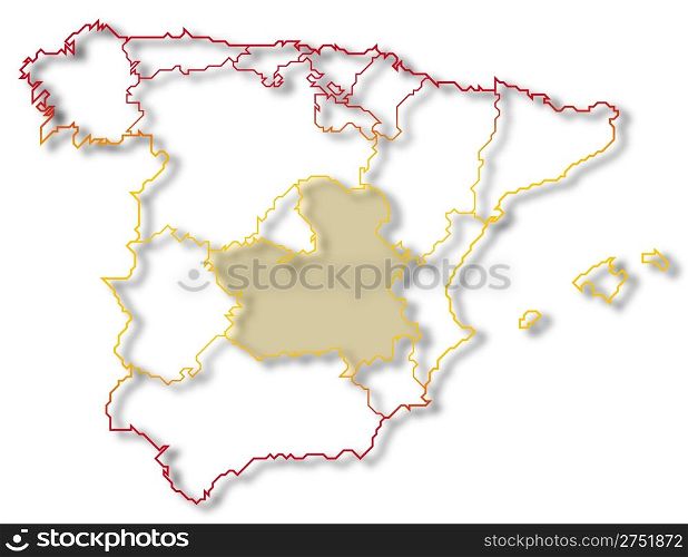 Map of Spain, Castile-La Mancha highlighted. Political map of Spain with the several regions where Castile-La Mancha is highlighted.