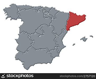 Map of Spain, Catalonia highlighted. Political map of Spain with the several regions where Catalonia is highlighted.