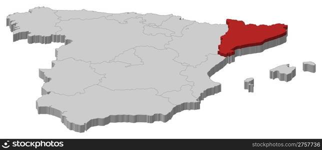 Map of Spain, Catalonia highlighted. Political map of Spain with the several regions where Catalonia is highlighted.