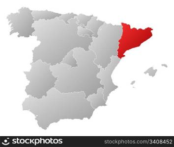 Map of Spain, Catalonia highlighted. Political map of Spain with the several regions where Catalonia is highlighted.