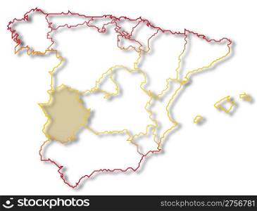 Map of Spain, Extremadura highlighted. Political map of Spain with the several regions where Extremadura is highlighted.
